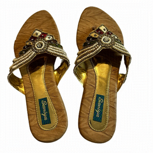 Saniya Women’s Beaded Rhinestone Embroidered Tan Gold Sandals EU 42 US 11